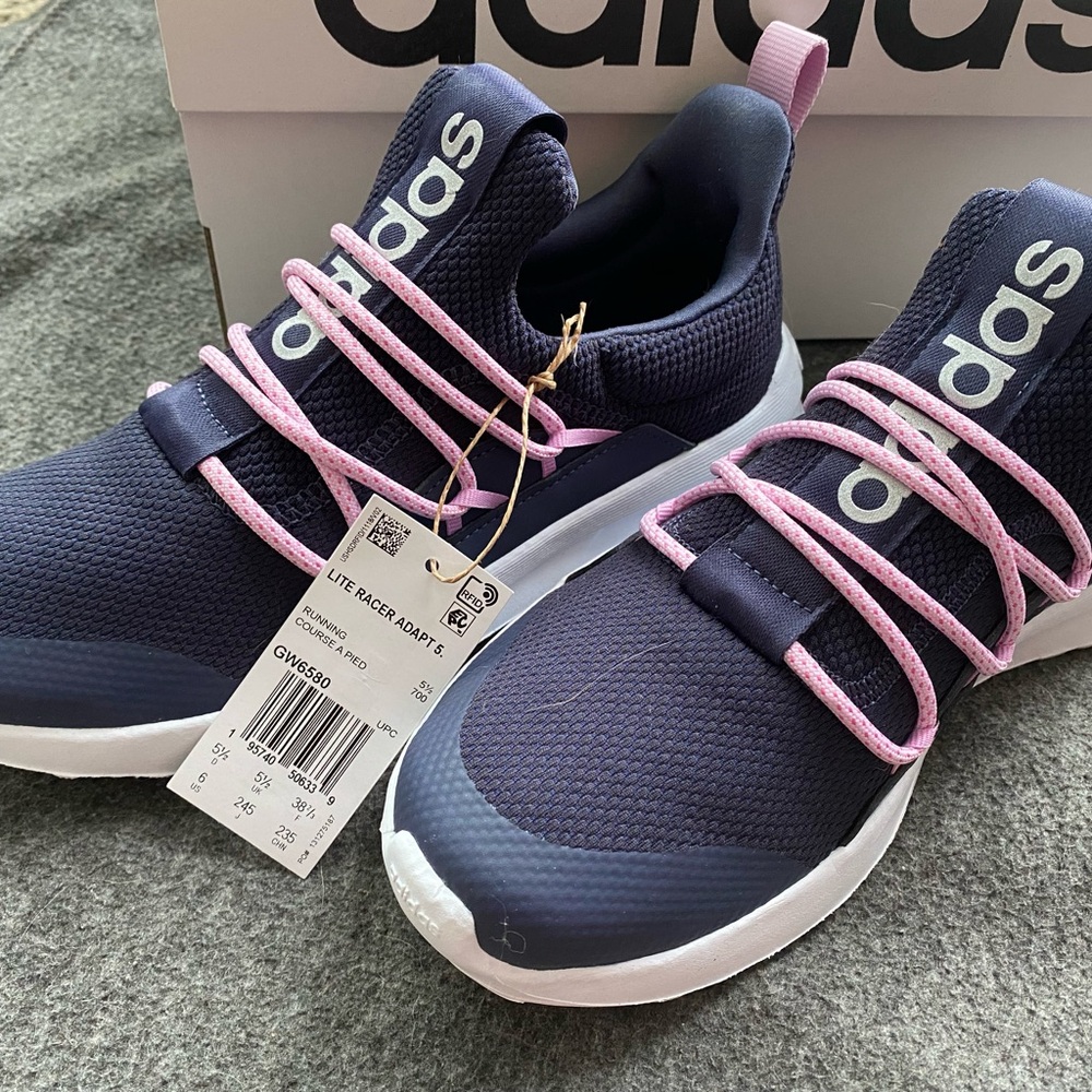 Kids Adidas Sz 6 Lite Racer Adapt 5.0 Running Navy Blue w/Pink Stretch Lace Band
